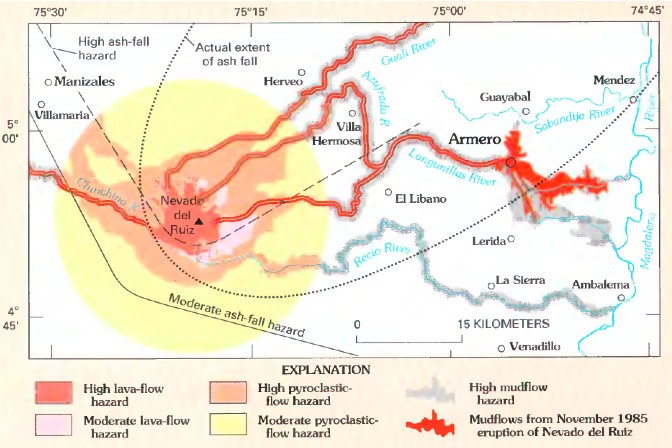 Carte des risques de lahars Nevado Del Ruiz - Colombie (Wright_and_Pierson)